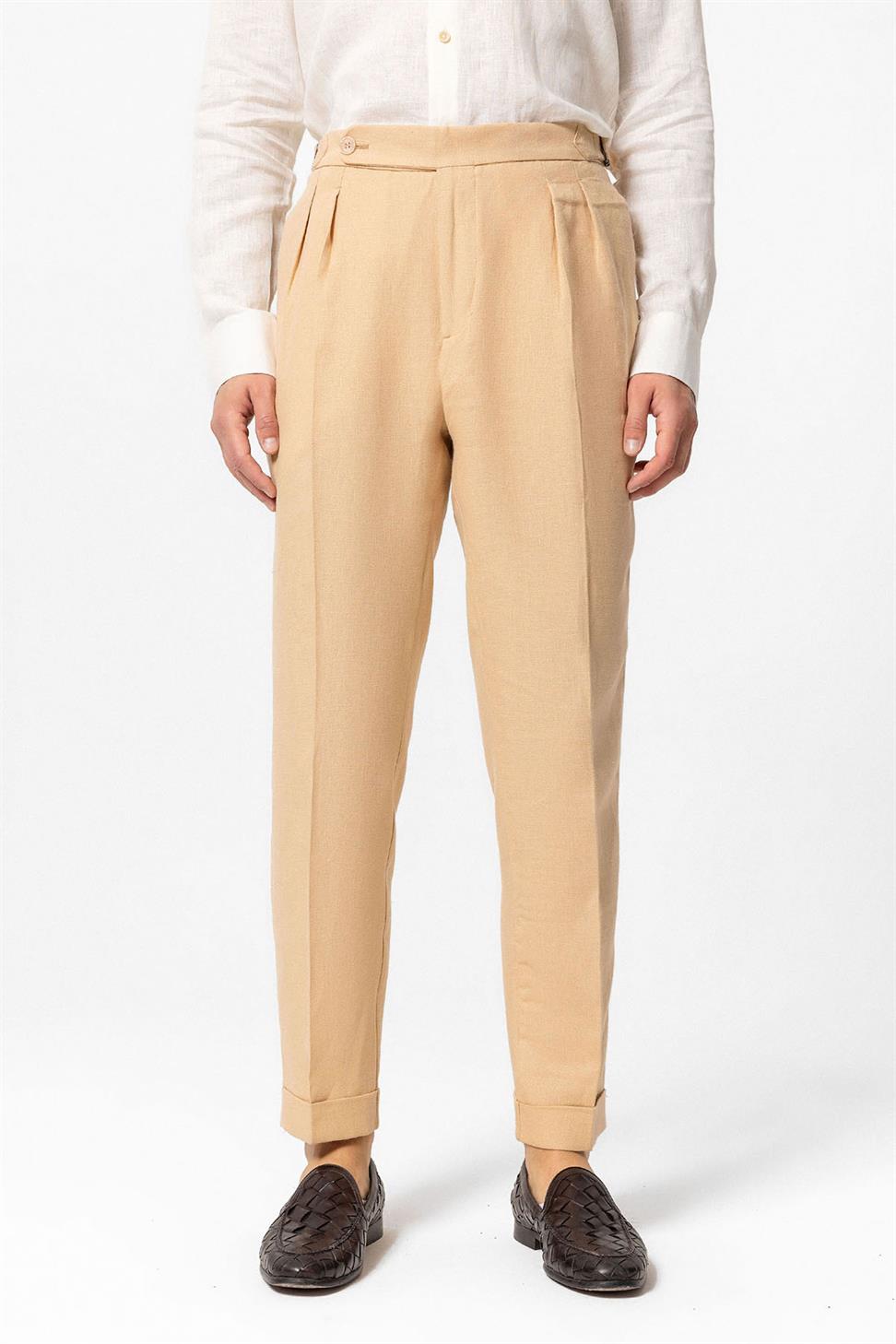 Antioch Camel Yüksek Bel %100 Keten Pileli Erkek Pantolon