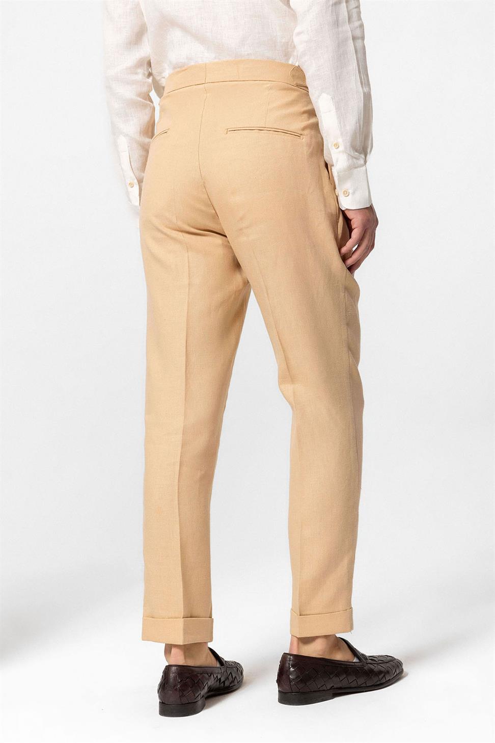 Antioch Camel Yüksek Bel %100 Keten Pileli Erkek Pantolon