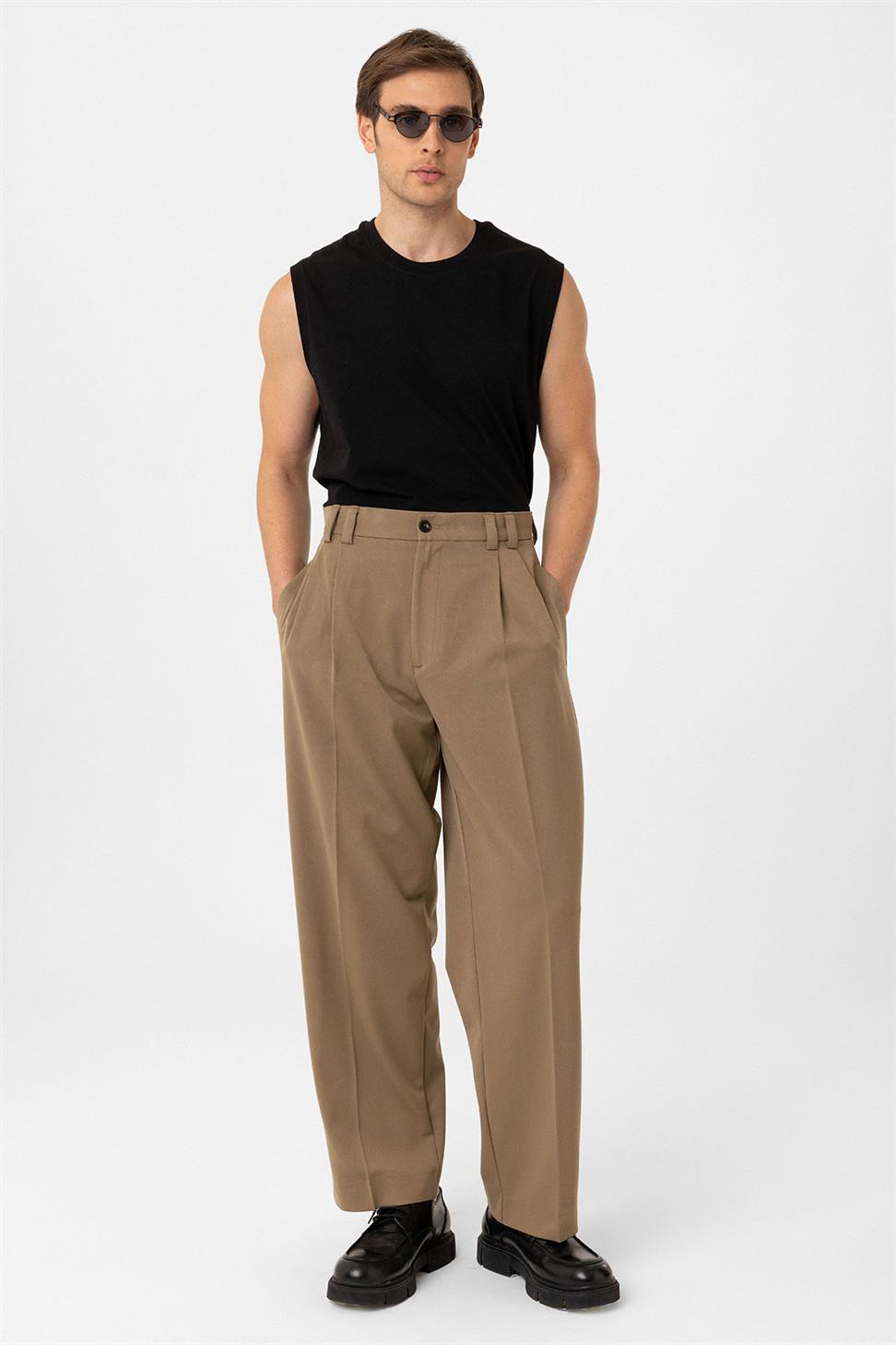 Antioch Camel Yüksel Bel Relax Fit Pileli Erkek Pantolon