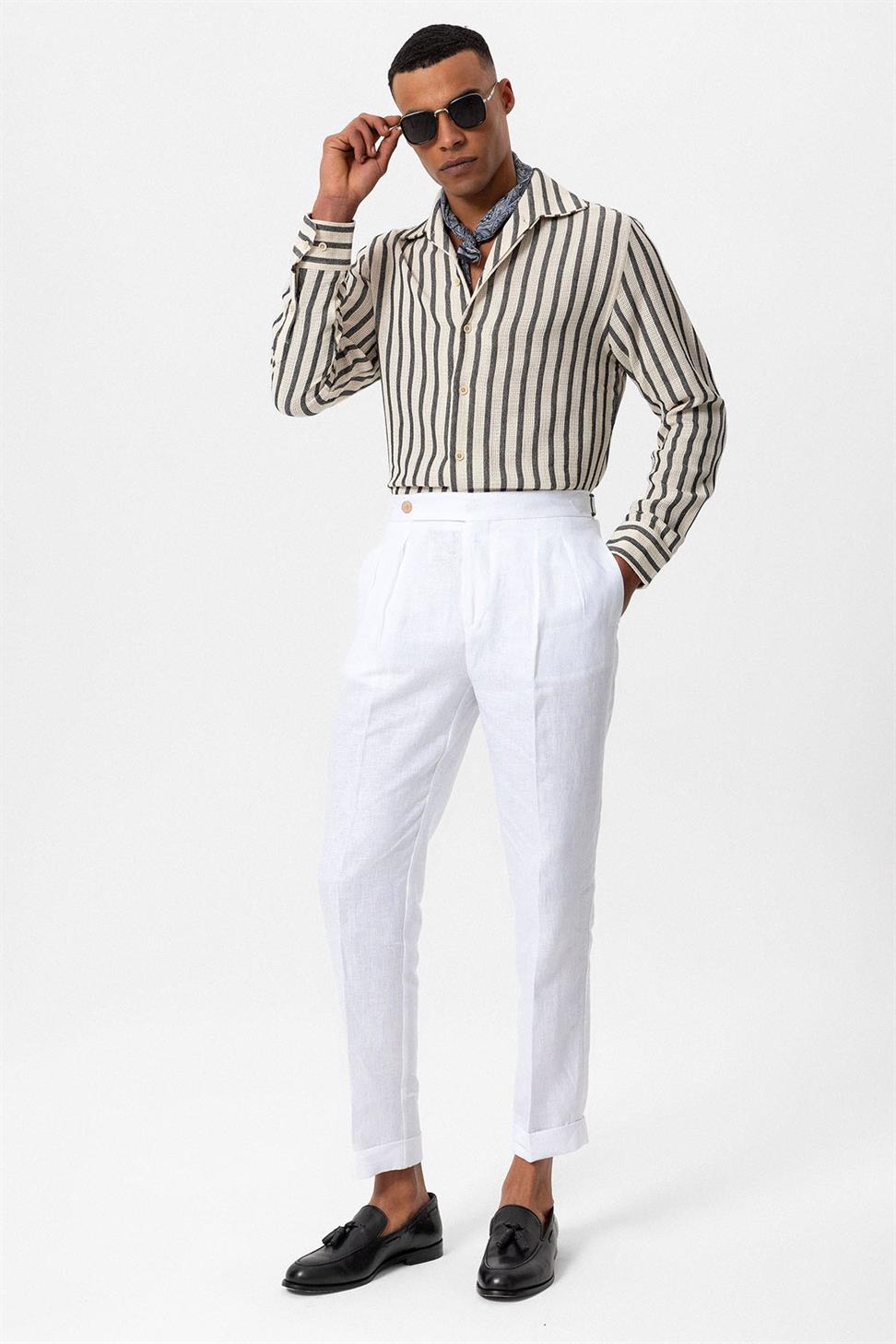 قميص رجالي مخطط محبوك بأكمام طويلة