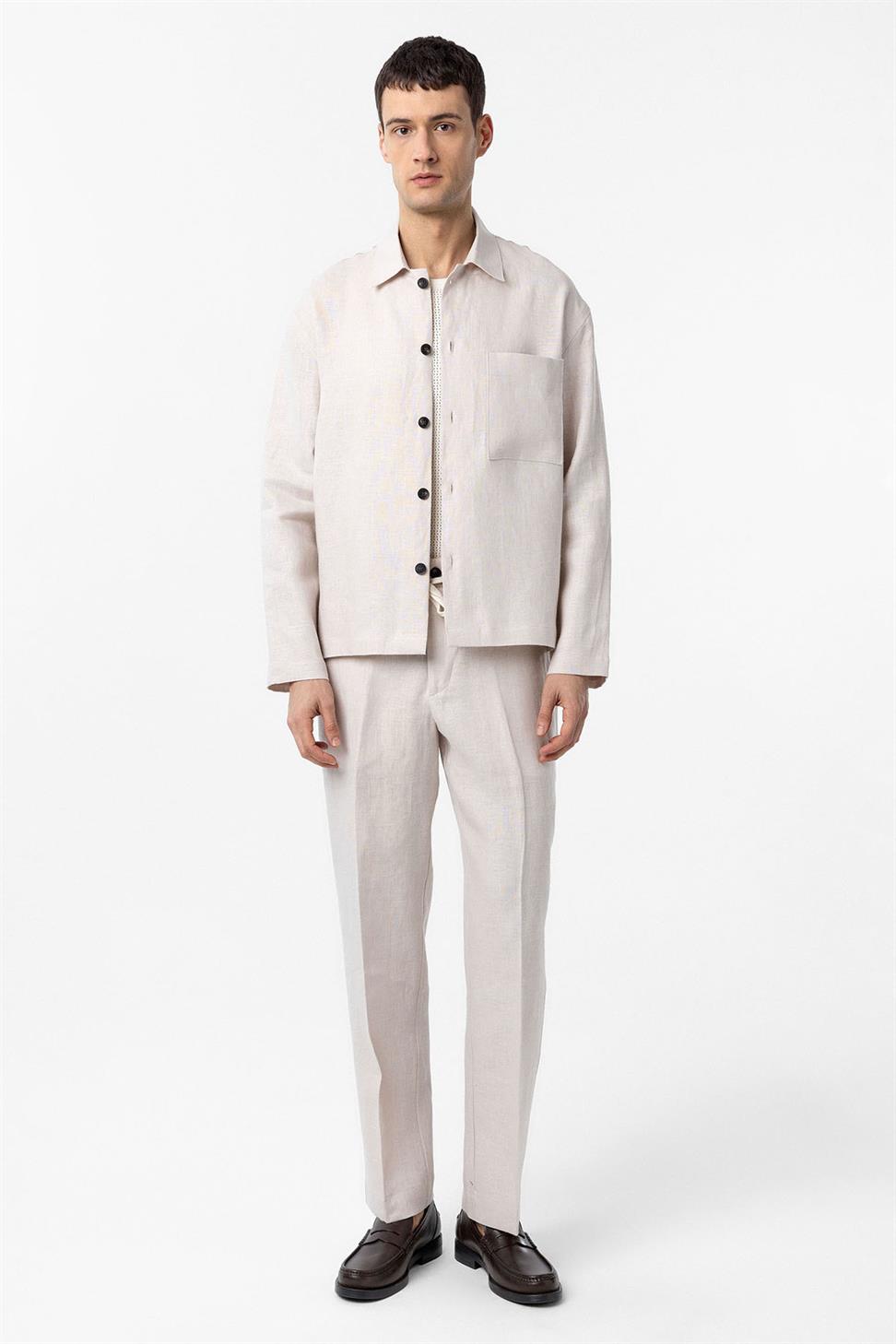 Antioch Ekru 100% Keten Relax Fit Erkek İnce Ceket