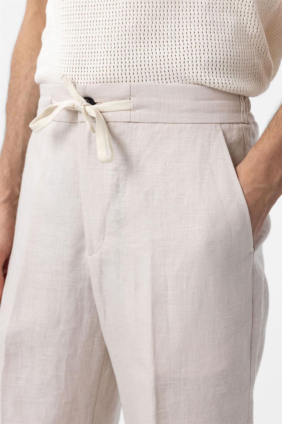 Antioch Ekru 100% Keten Yüksek Bel Erkek Pantolon