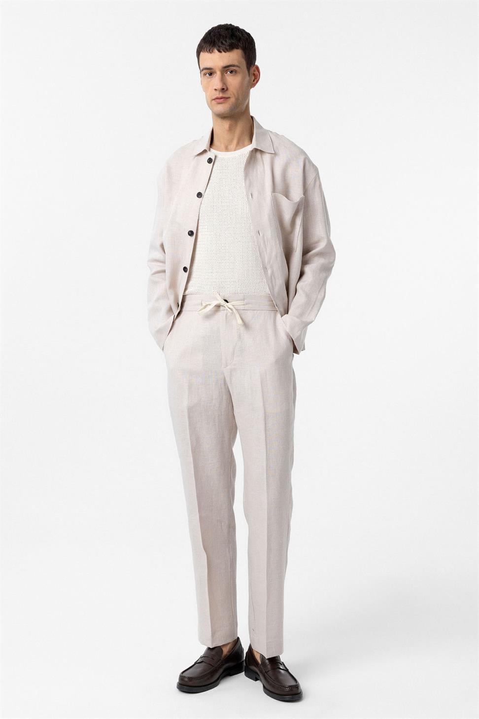 Antioch Ekru 100% Keten Yüksek Bel Erkek Pantolon