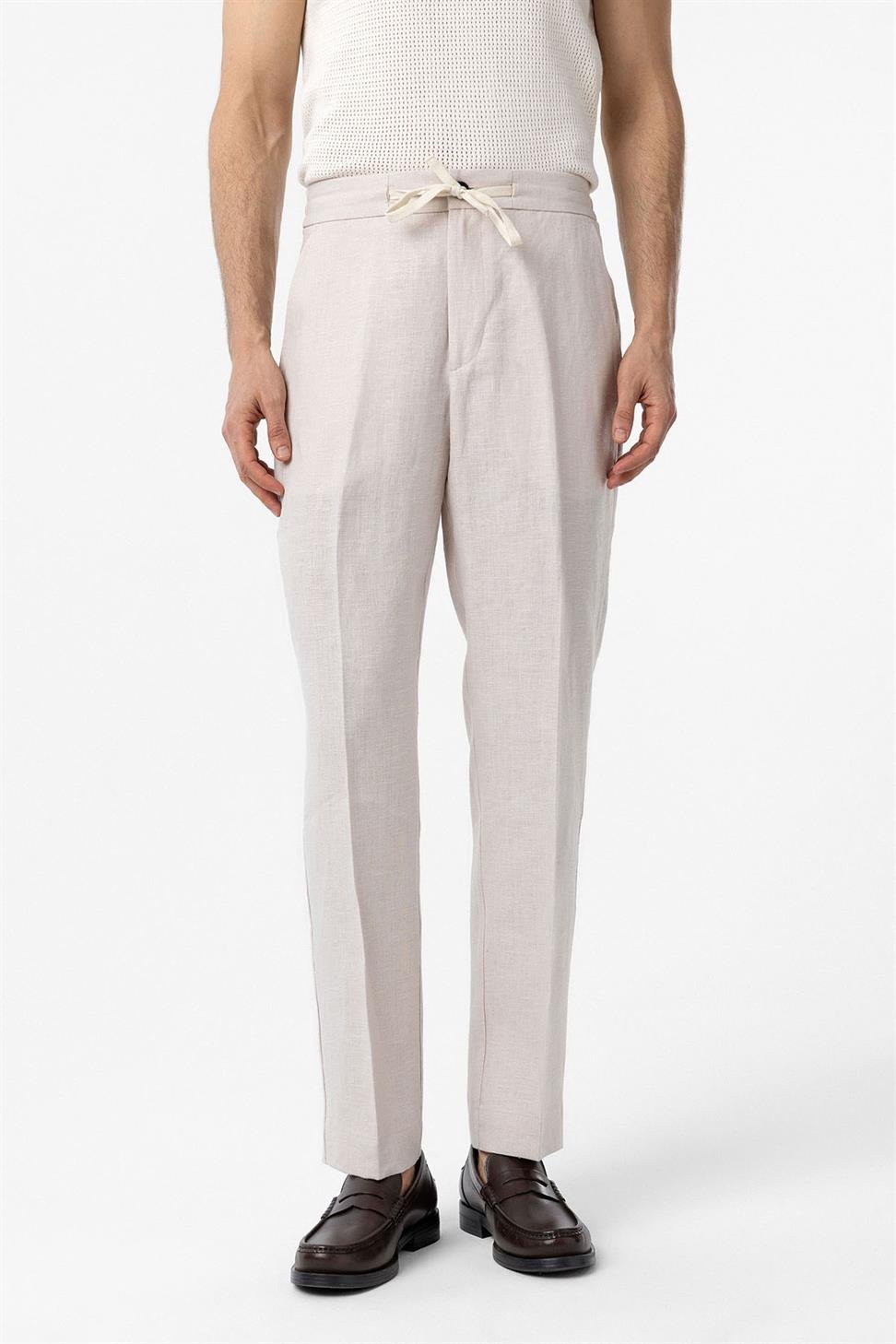 Antioch Ekru 100% Keten Yüksek Bel Erkek Pantolon