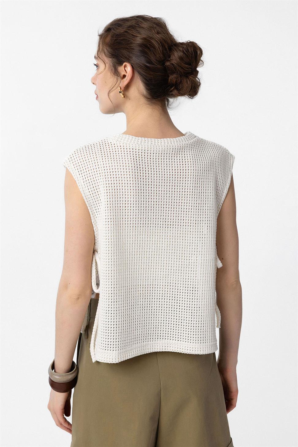 Antioch Ekru Bağcıklı Örgü Dokulu Kadın Top