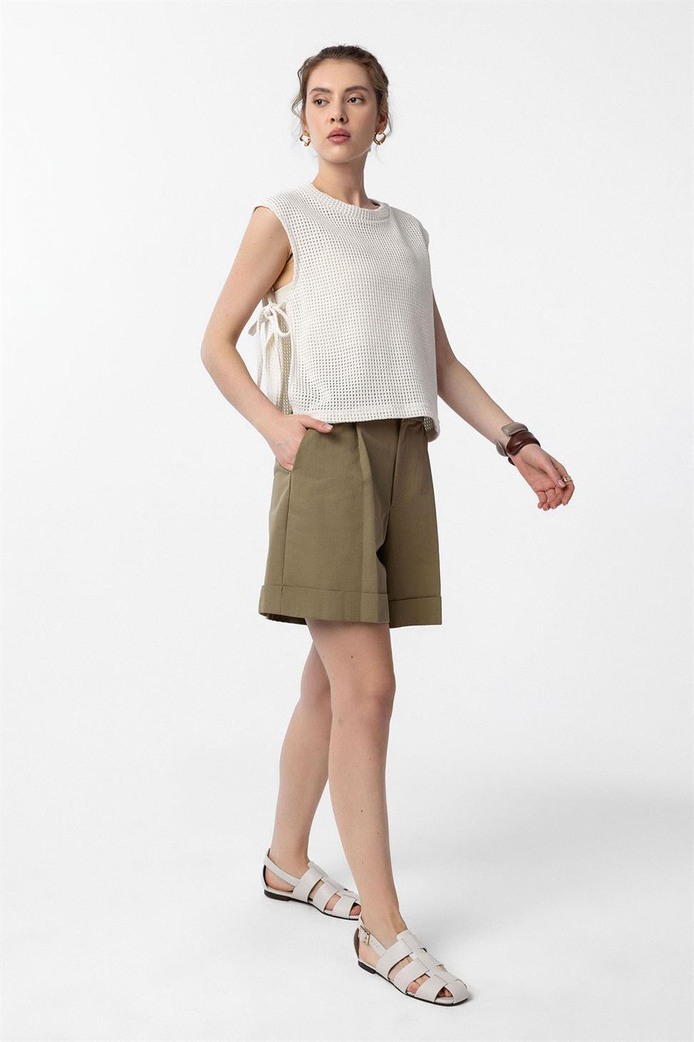 Antioch Ekru Bağcıklı Örgü Dokulu Kadın Top