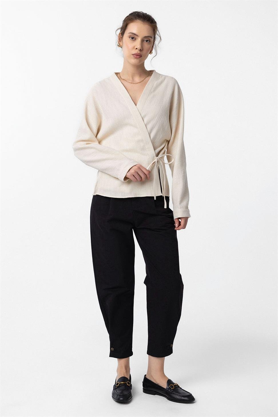 Antioch Ekru Bağlamalı Kimono Kadın Gömlek