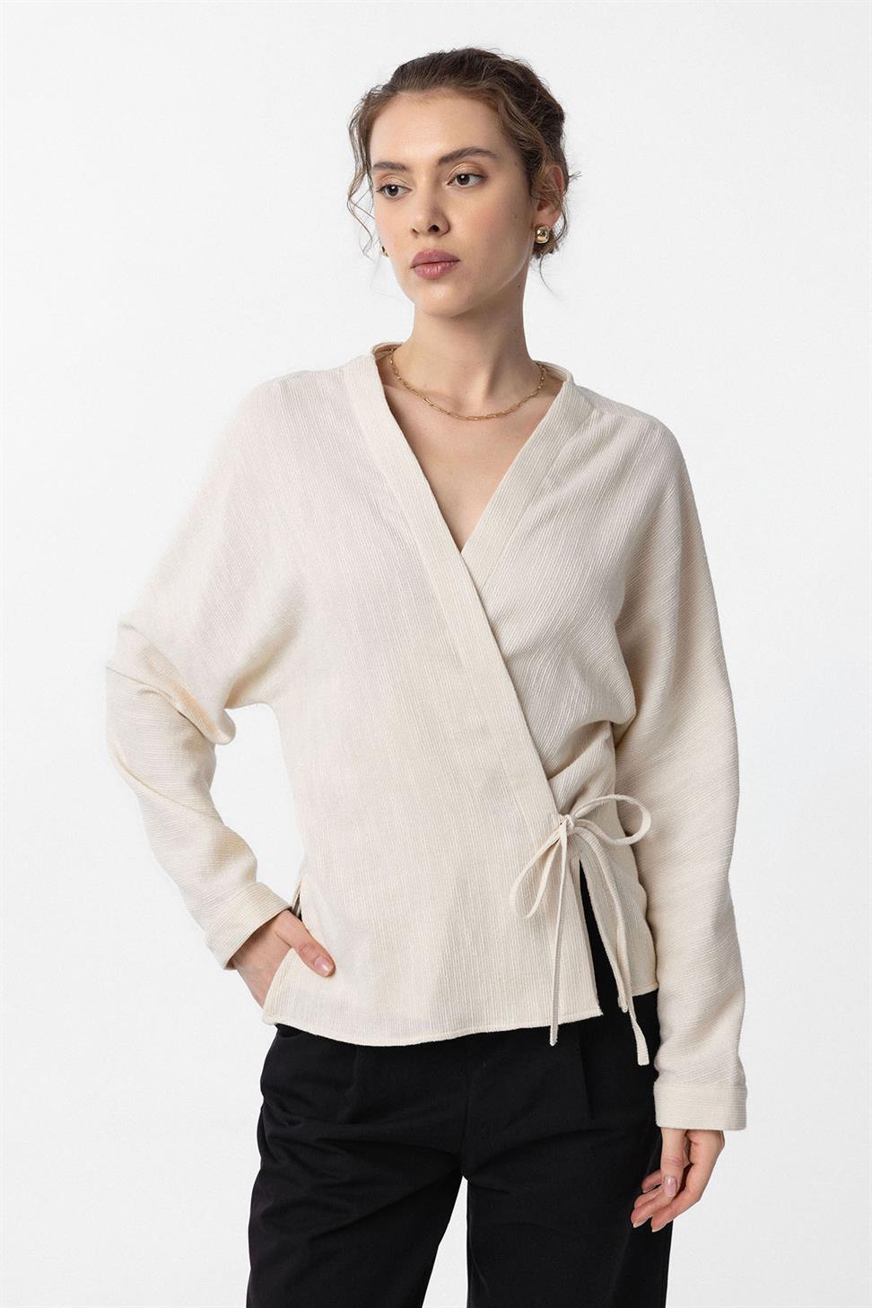 Antioch Ekru Bağlamalı Kimono Kadın Gömlek