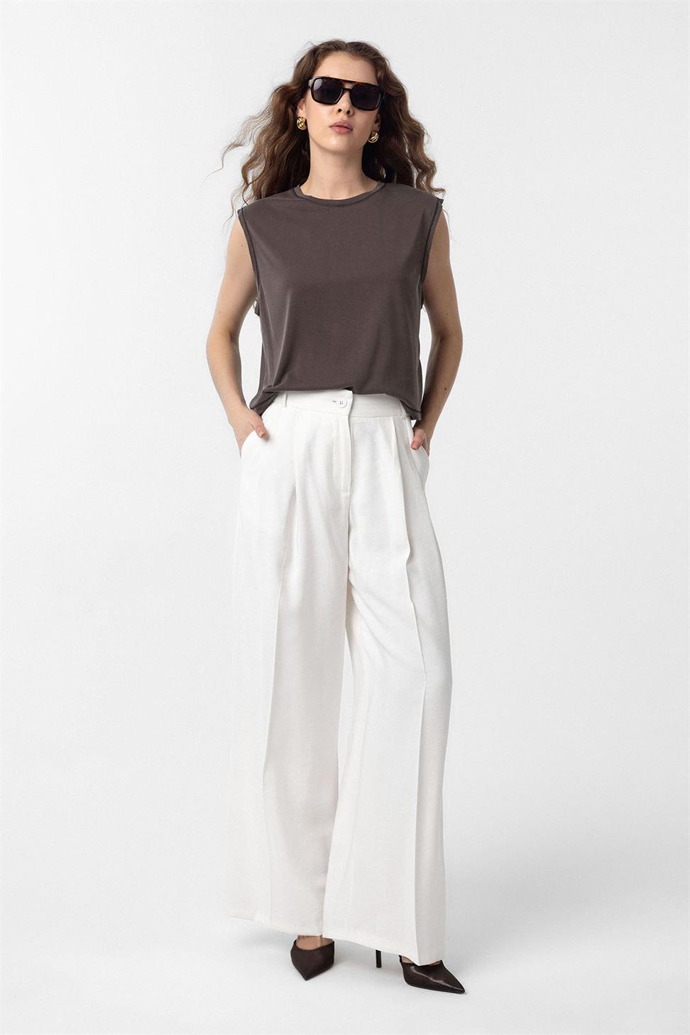 Antioch Ekru Çift Pilili Kadın Pantolon