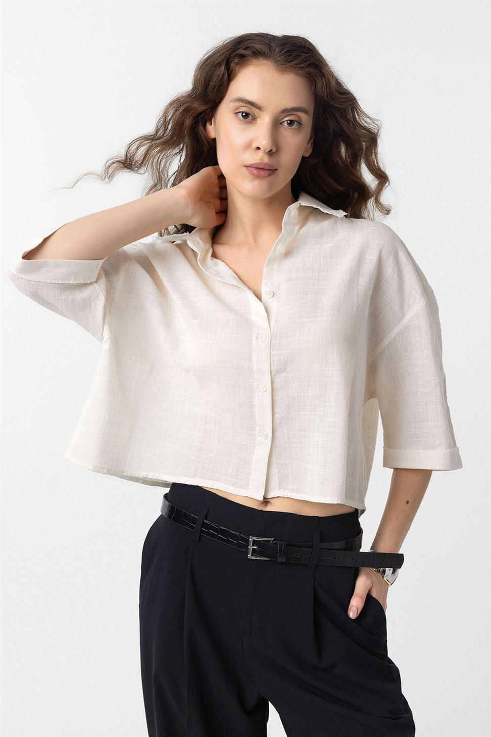 Antioch Ekru Crop Dokulu Kadın Gömlek