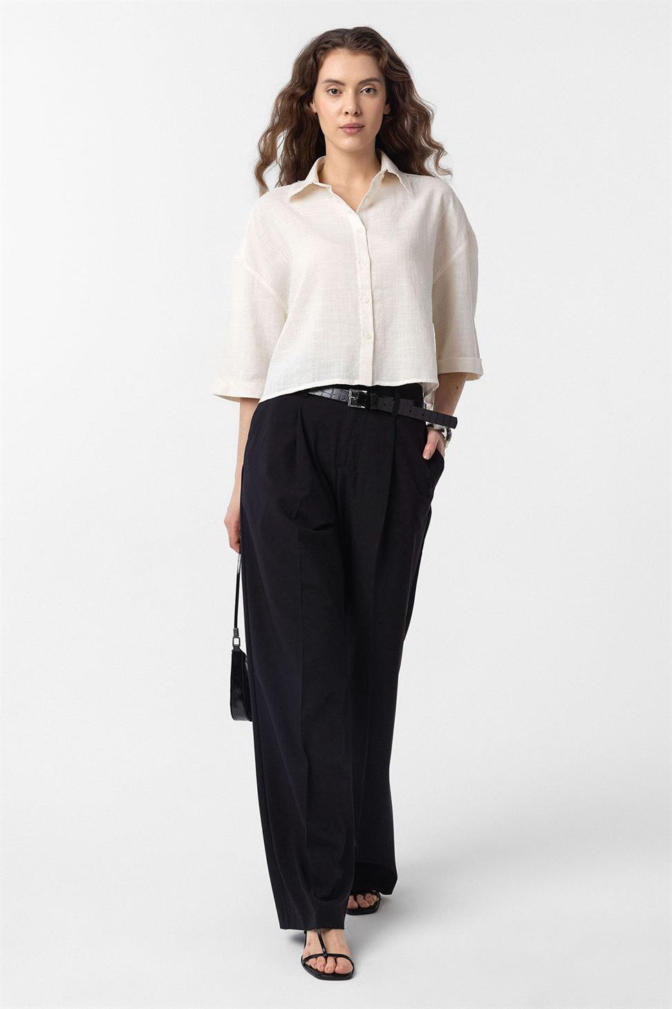 Antioch Ekru Crop Dokulu Kadın Gömlek