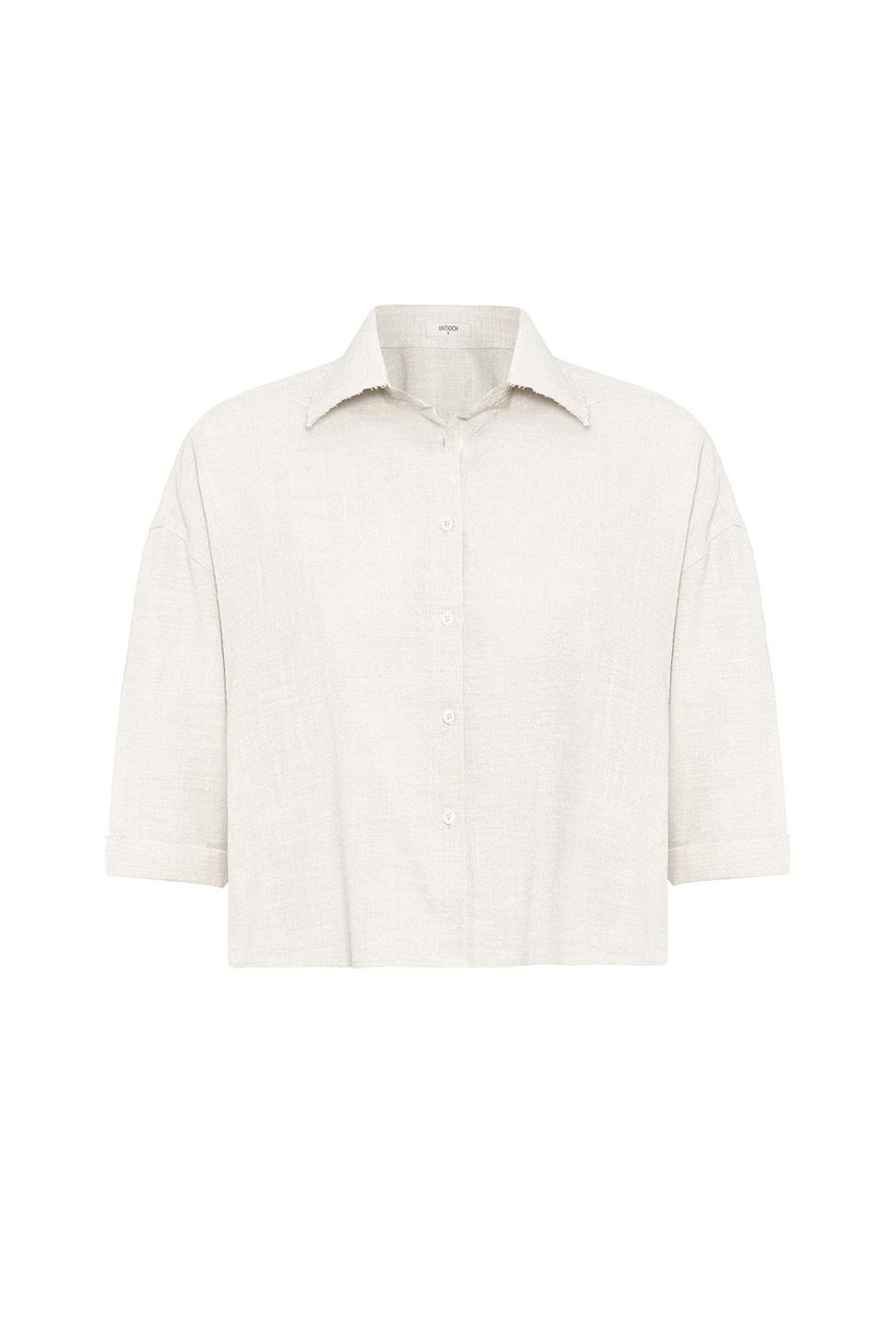 Antioch Ekru Crop Dokulu Kadın Gömlek
