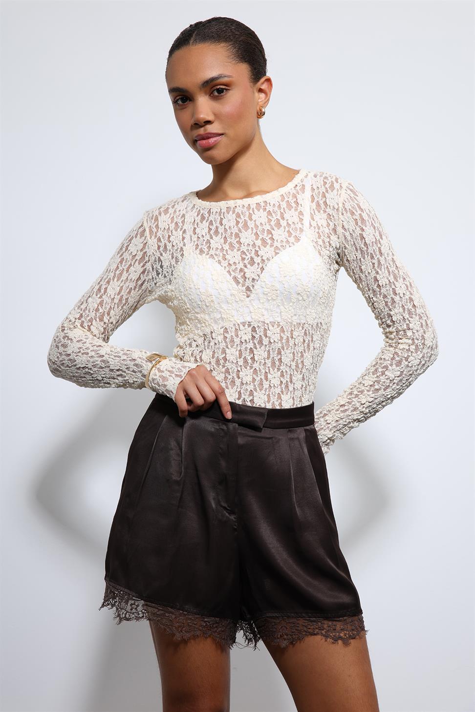 Antioch Ekru Dantel Detaylı Transparan Bluz