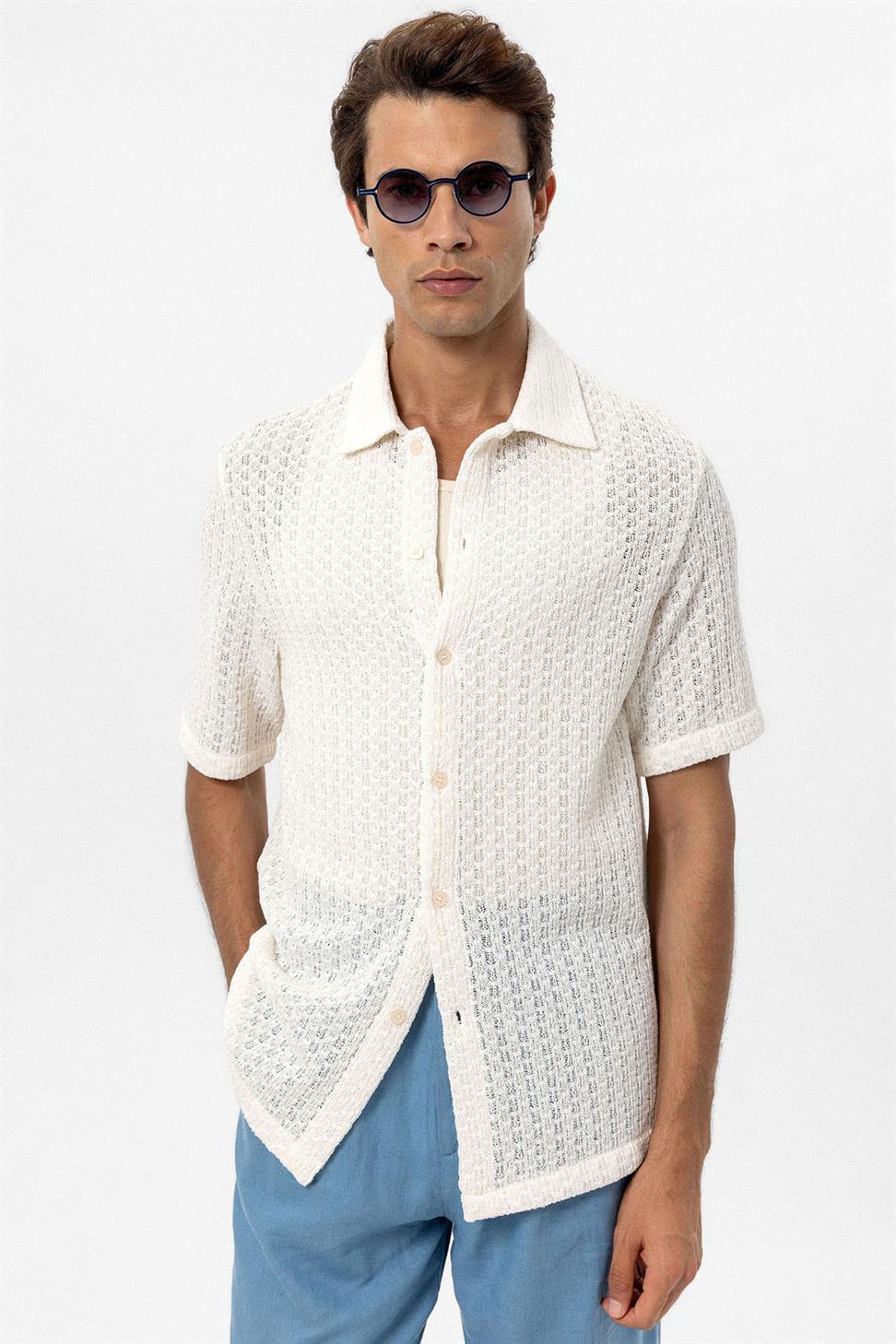 Antioch Ekru Dokulu Kroşe Erkek Gömlek