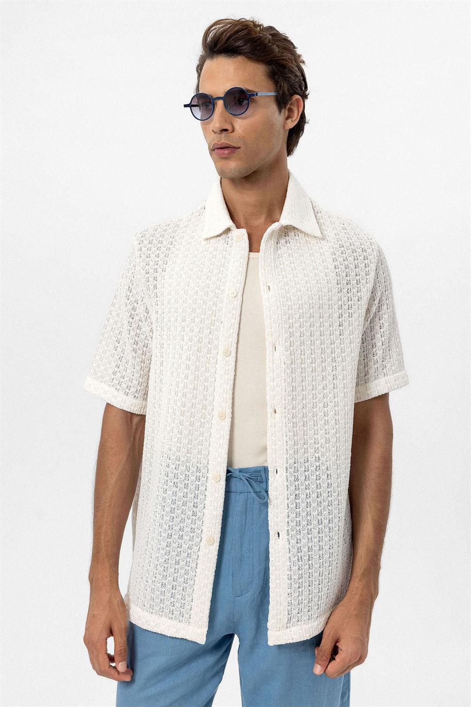 Antioch Ekru Dokulu Kroşe Erkek Gömlek