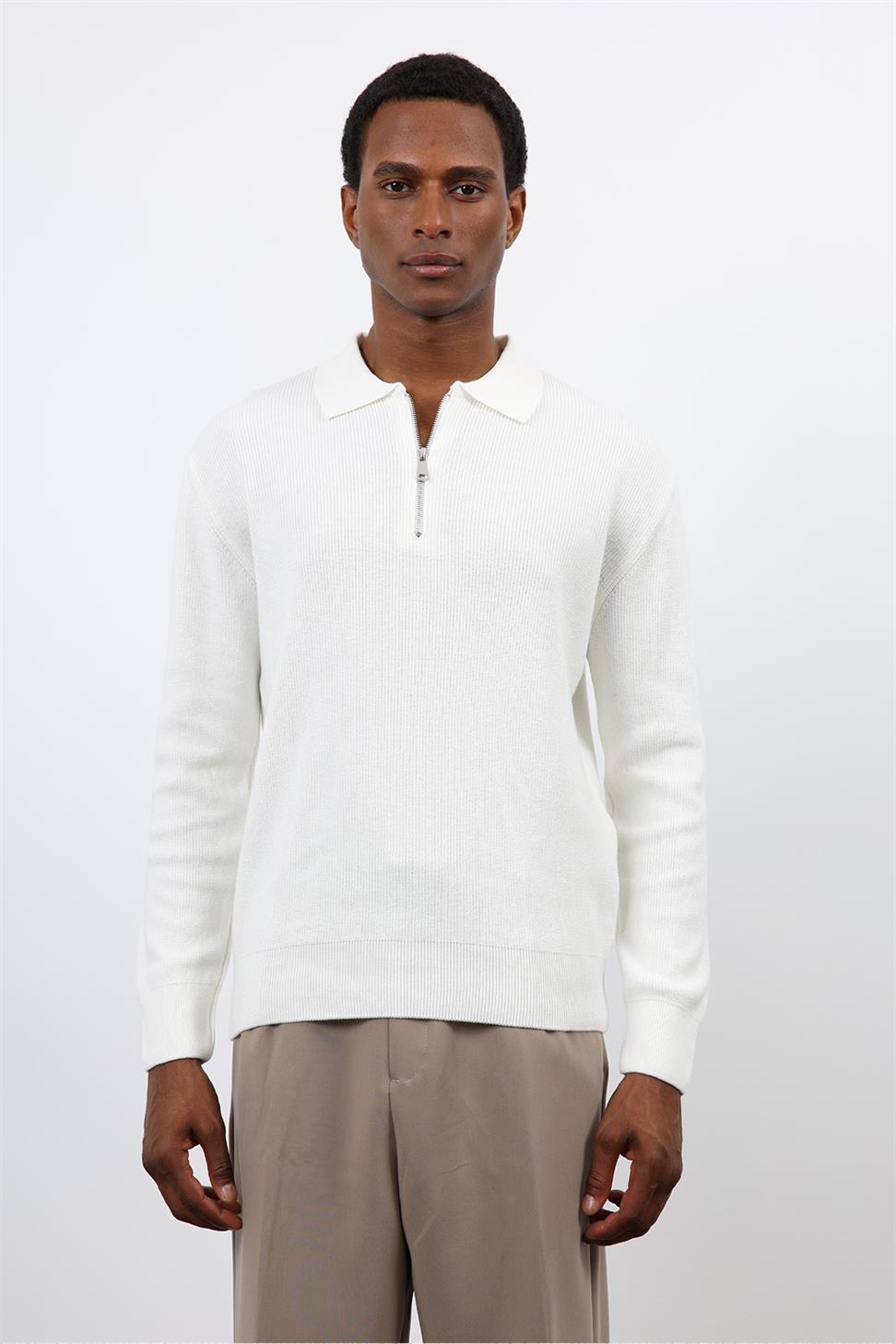 Antioch Ekru Fermuarlı Erkek Triko Kazak