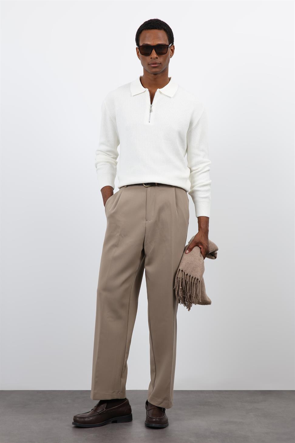 Antioch Ekru Fermuarlı Erkek Triko Kazak