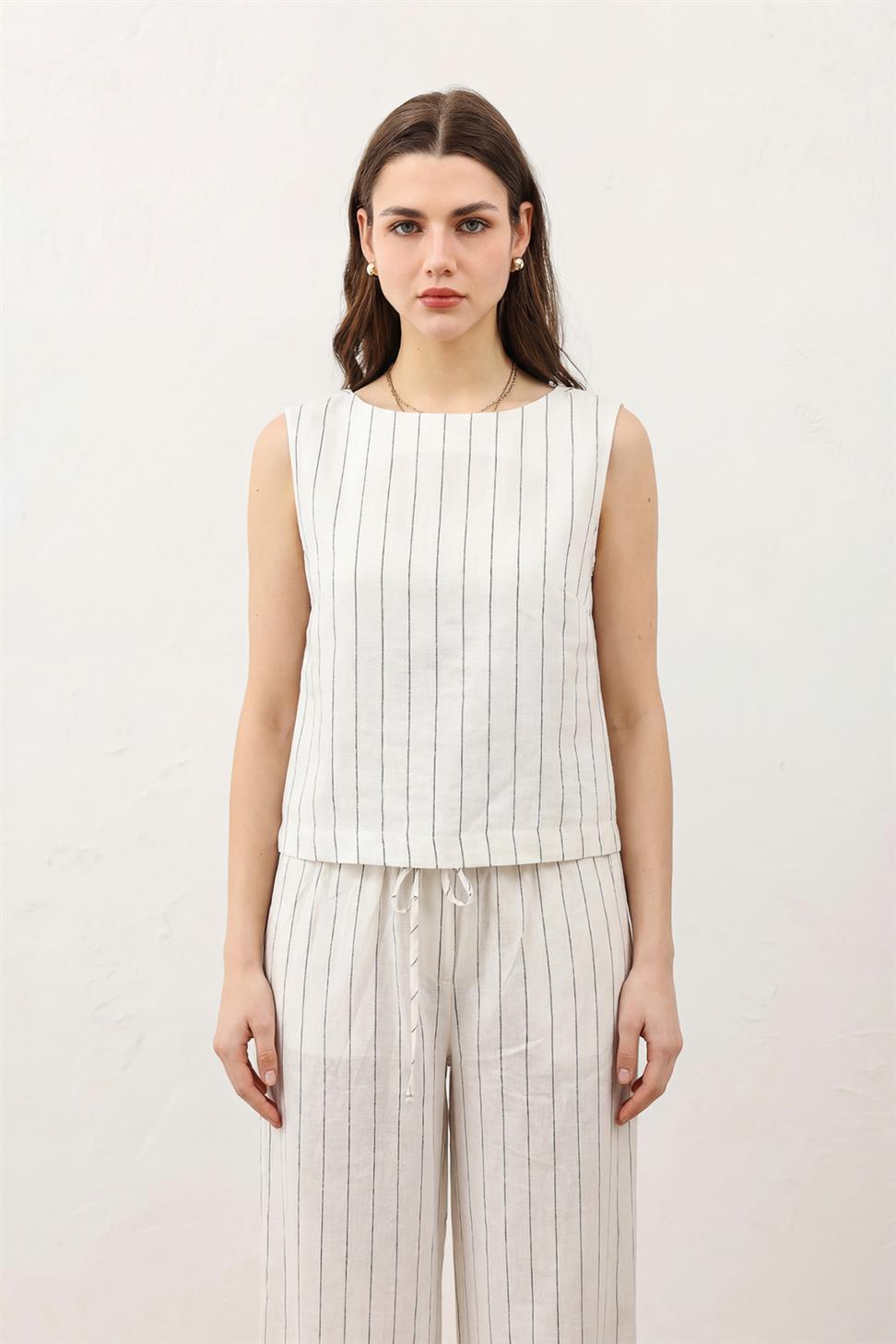 Womens Striped Linen-Blend Suit