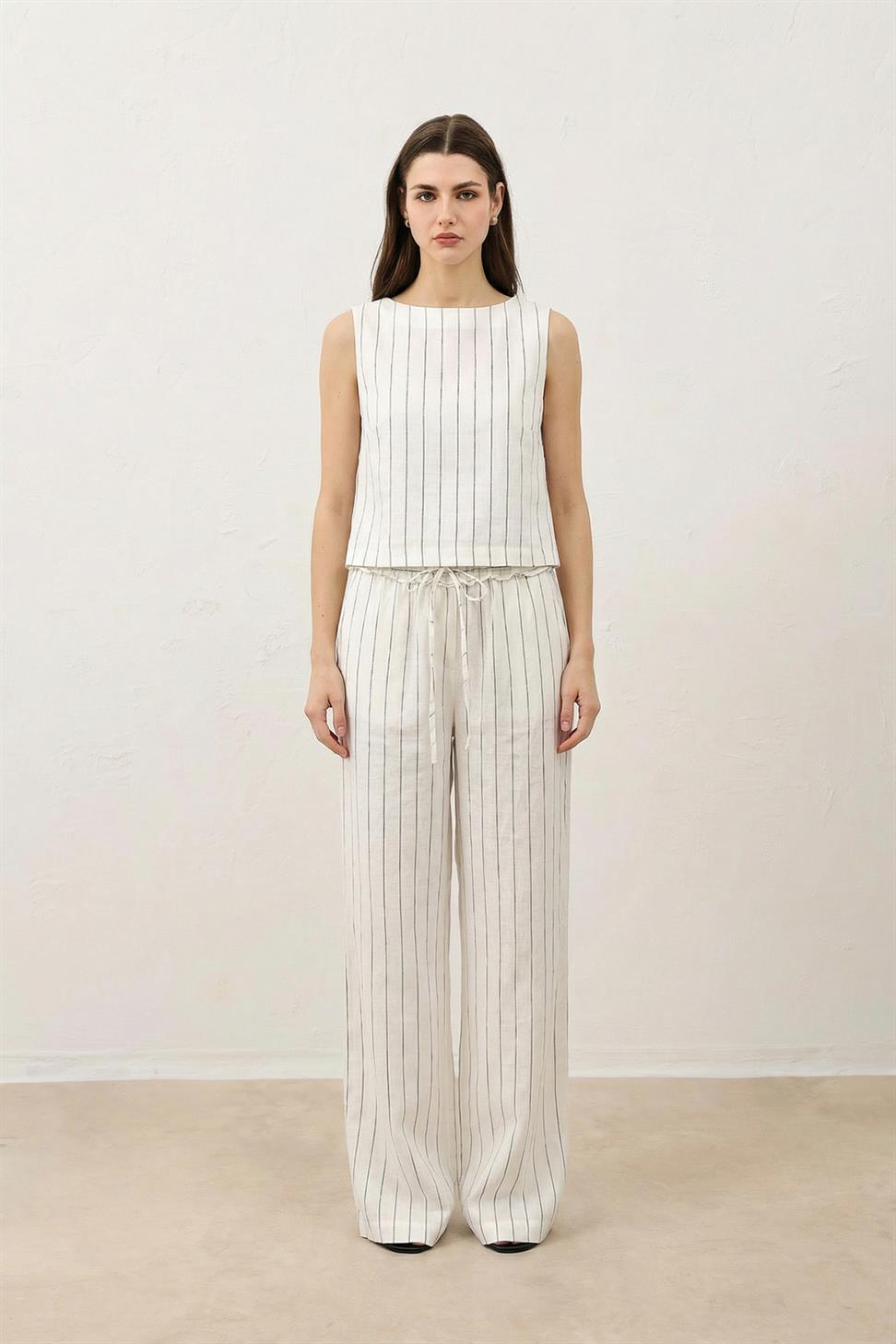Womens Striped Linen-Blend Suit