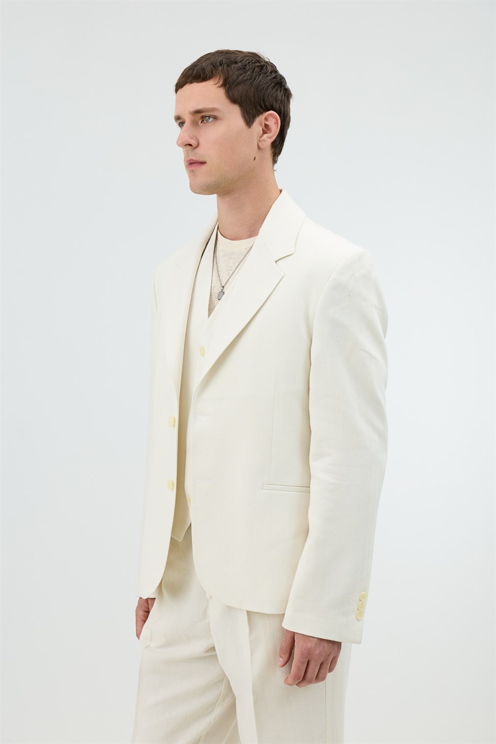 Antioch Ekru Keten Karışımlı Balıksırtı Desenli Erkek Blazer Ceket