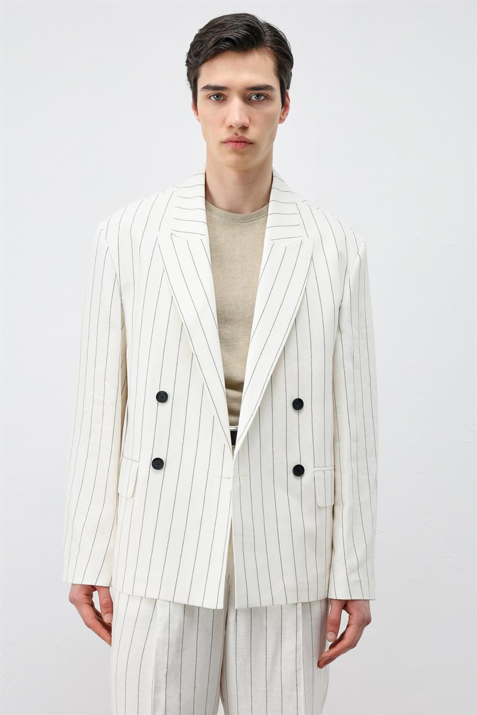 Mens Striped Blazer Jacket with Linen Blend