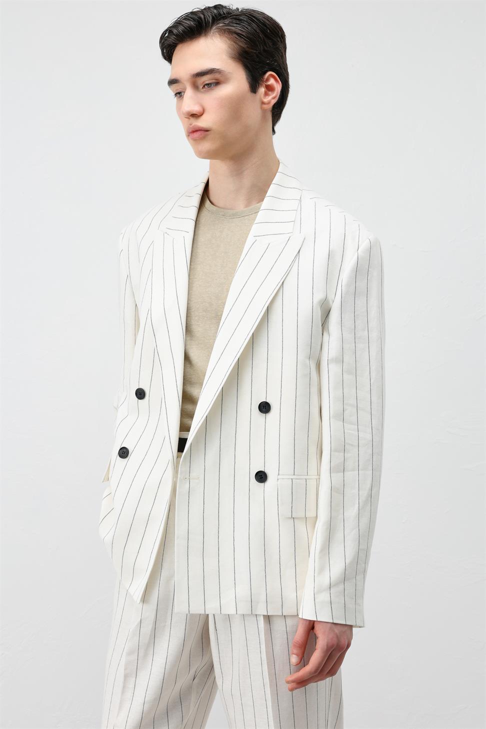 Mens Striped Blazer Jacket with Linen Blend