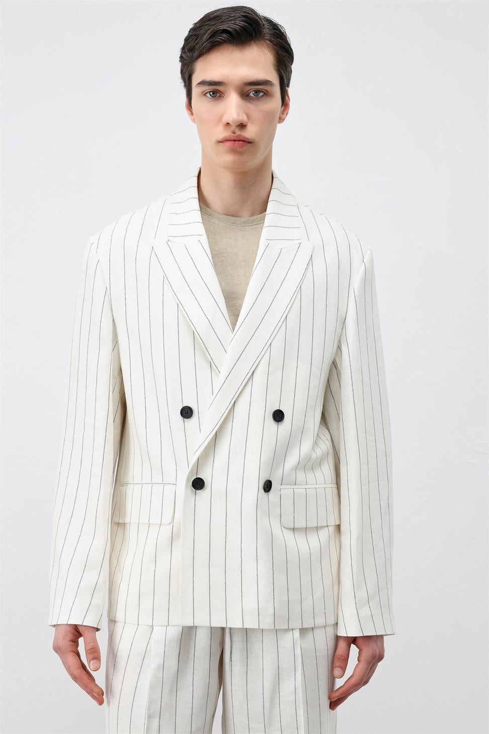 Mens Striped Blazer Jacket with Linen Blend