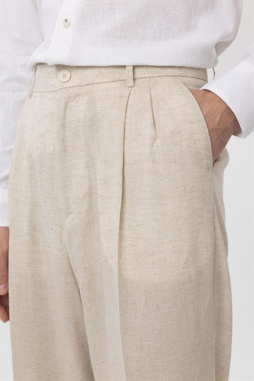 Antioch Ekru Keten Karışımlı Erkek Baggy Pantolon