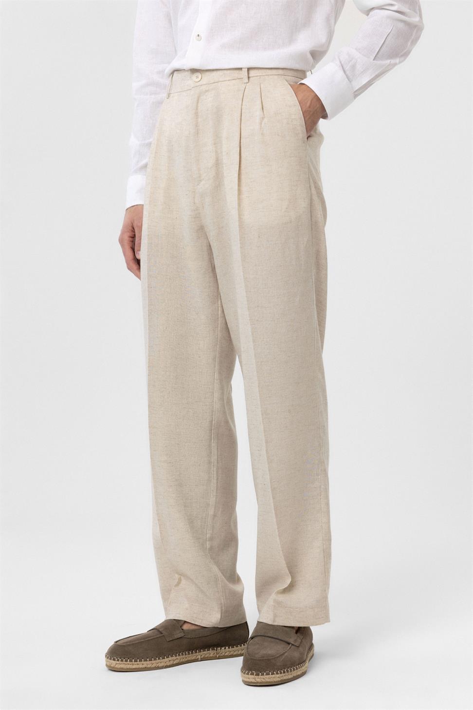 Antioch Ekru Keten Karışımlı Erkek Baggy Pantolon