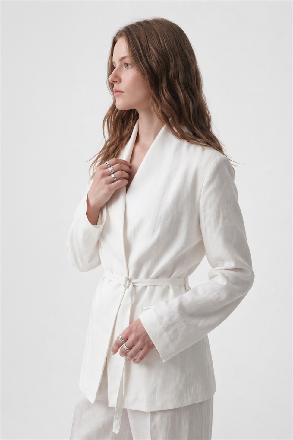 Antioch Ekru Keten Karışımlı Kadın Blazer Ceket