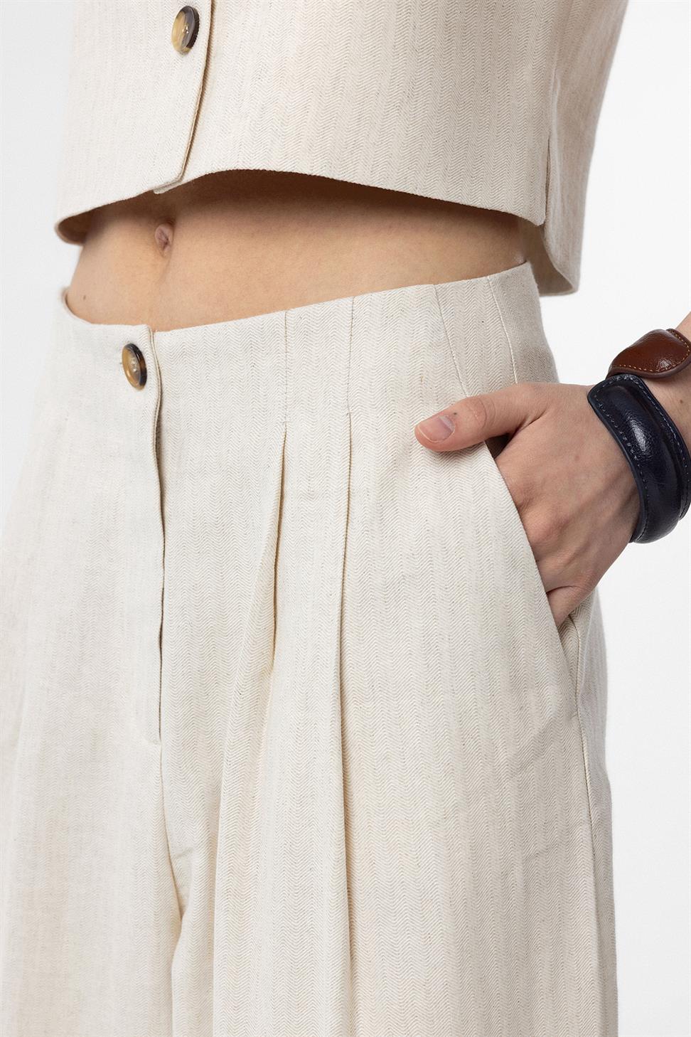 Antioch Ekru Keten Karışımlı Kadın Culotte Pantolon