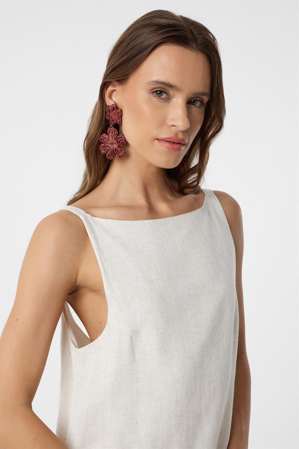 Antioch Ekru Keten Karışımlı Kadın Mini Elbise