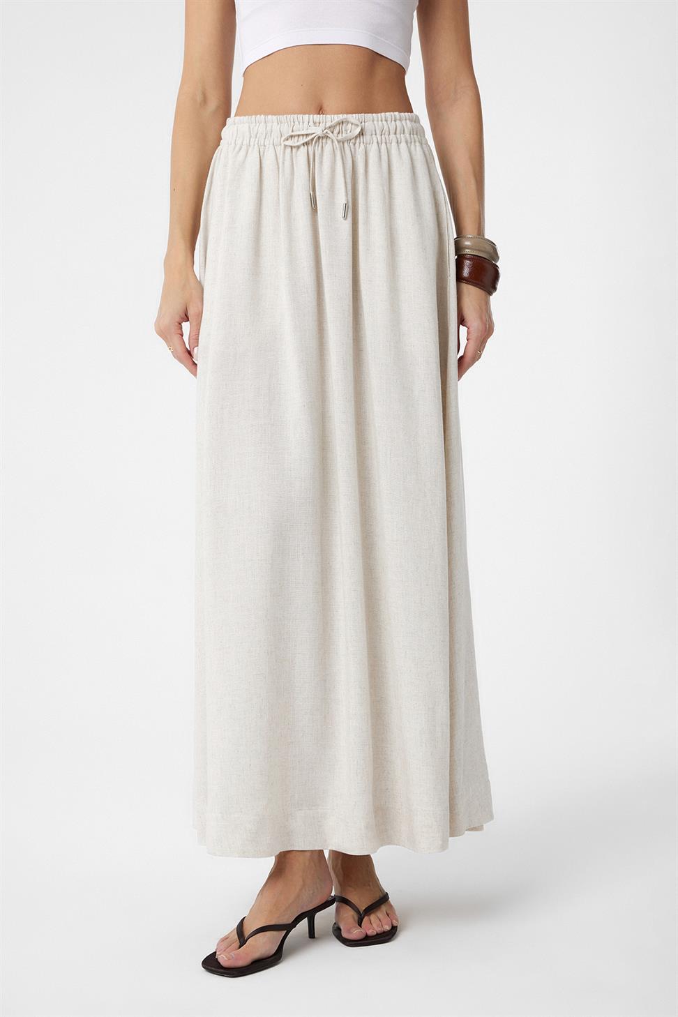 Antioch Ekru Keten Karışımlı Kadın Uzun Etek