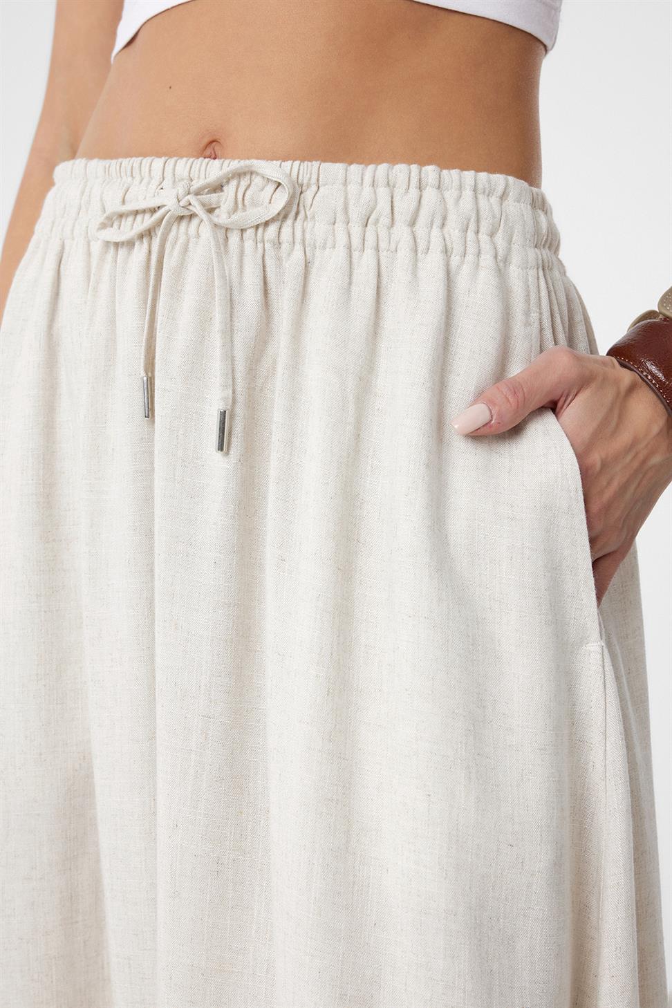 Antioch Ekru Keten Karışımlı Kadın Uzun Etek