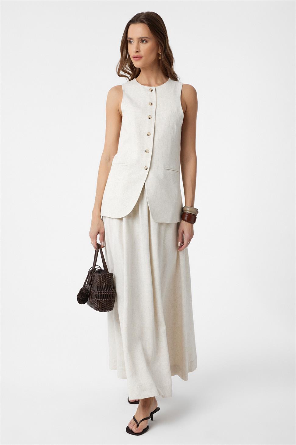 Antioch Ekru Keten Karışımlı Kadın Uzun Yelek
