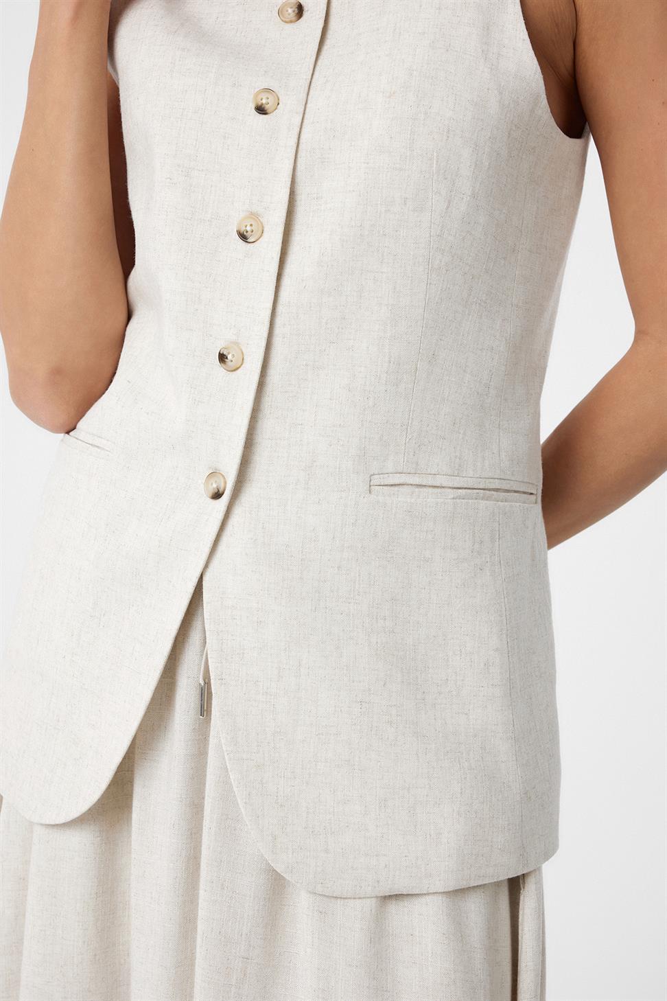 Antioch Ekru Keten Karışımlı Kadın Uzun Yelek
