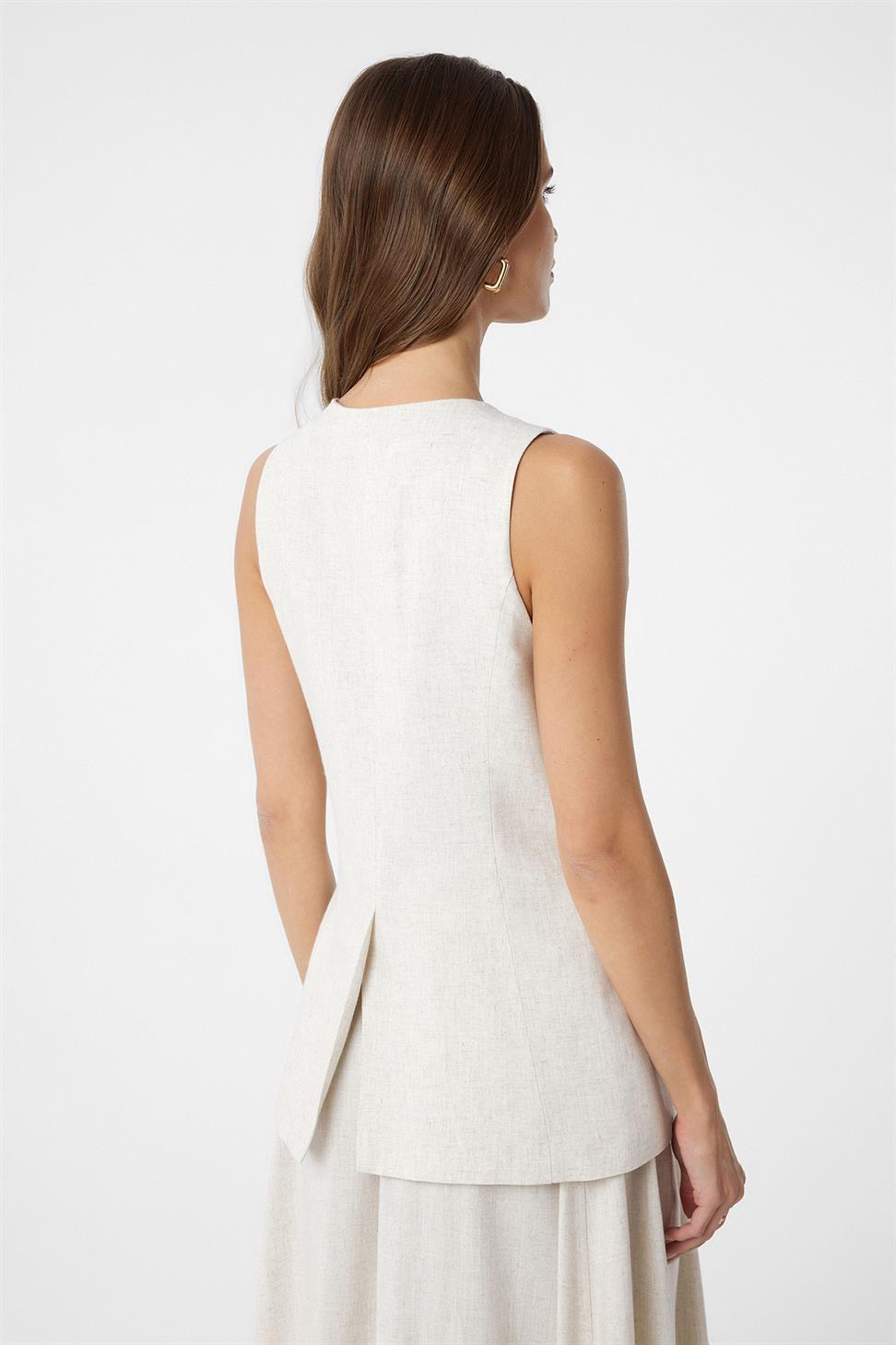 Antioch Ekru Keten Karışımlı Kadın Uzun Yelek