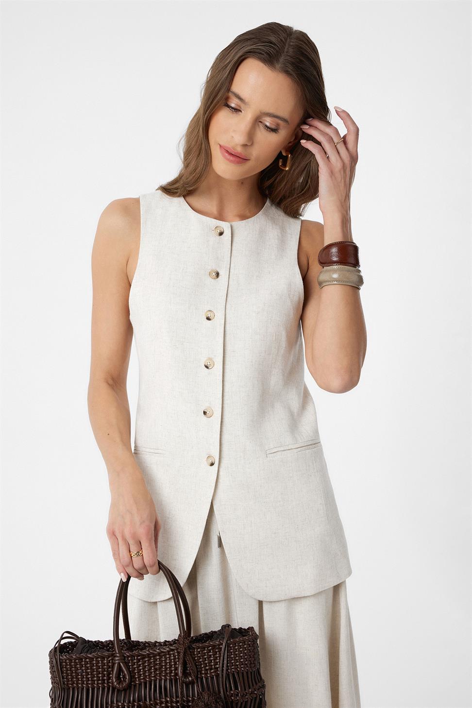 Antioch Ekru Keten Karışımlı Kadın Uzun Yelek