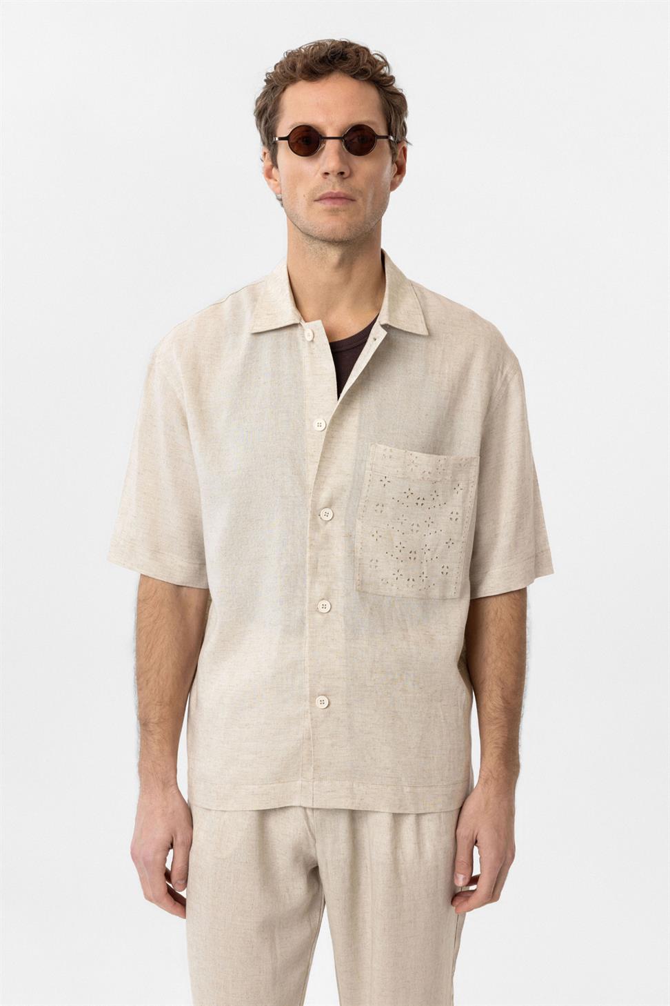 Antioch Ekru Keten Karışımlı Kısa Kollu Erkek Gömlek