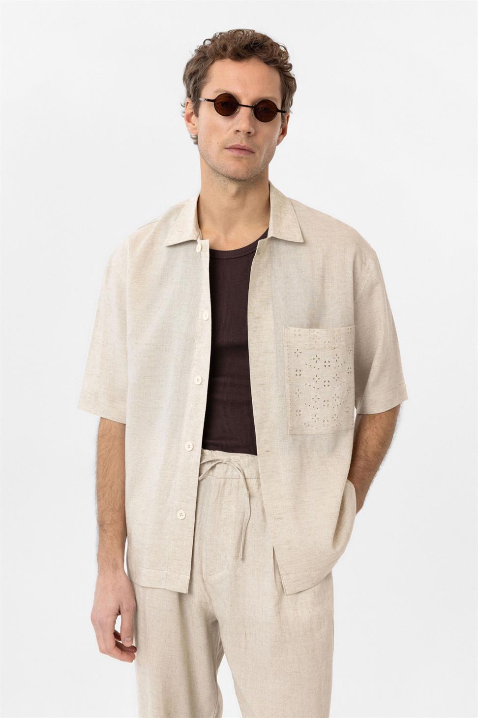 Antioch Ekru Keten Karışımlı Kısa Kollu Erkek Gömlek