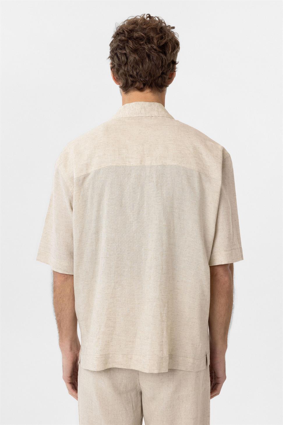 Antioch Ekru Keten Karışımlı Kısa Kollu Erkek Gömlek