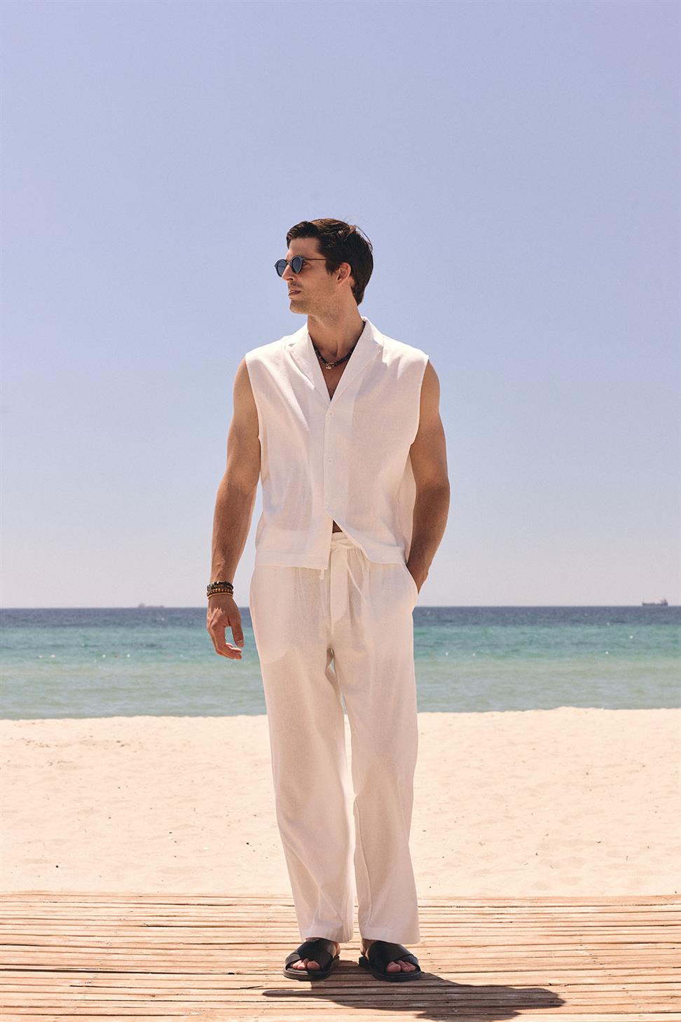 Antioch Ekru Keten Karışımlı Kolsuz Erkek Gömlek