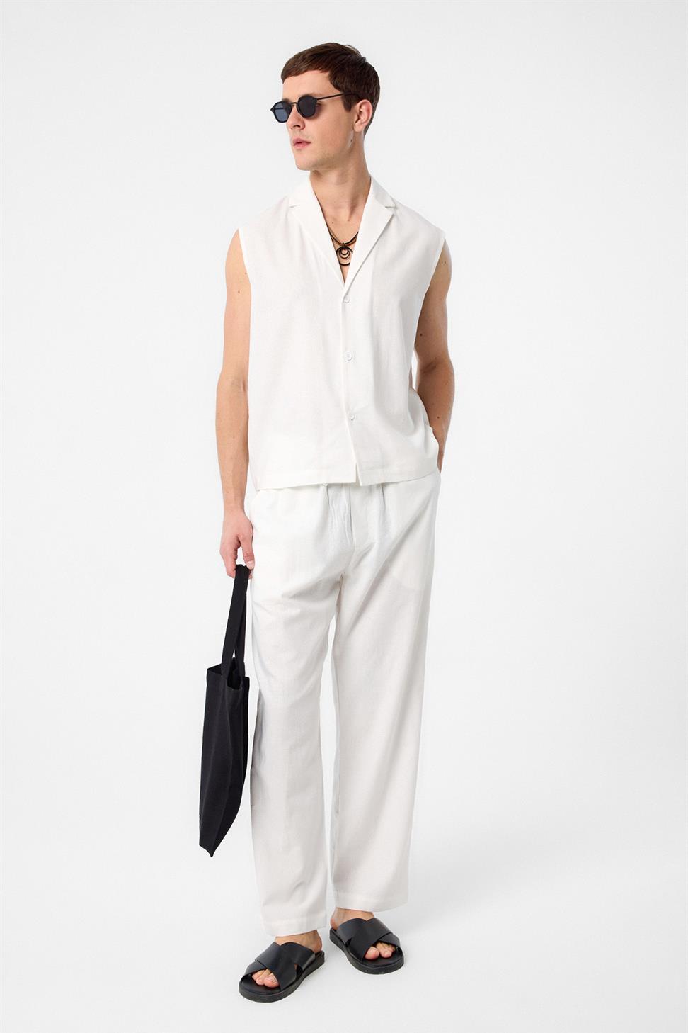 Antioch Ekru Keten Karışımlı Kolsuz Erkek Gömlek