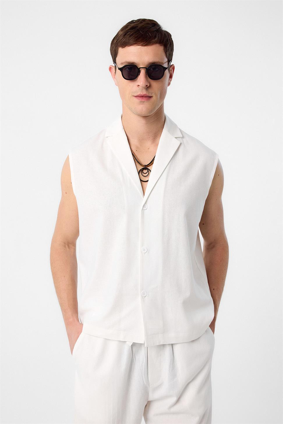 Antioch Ekru Keten Karışımlı Kolsuz Erkek Gömlek