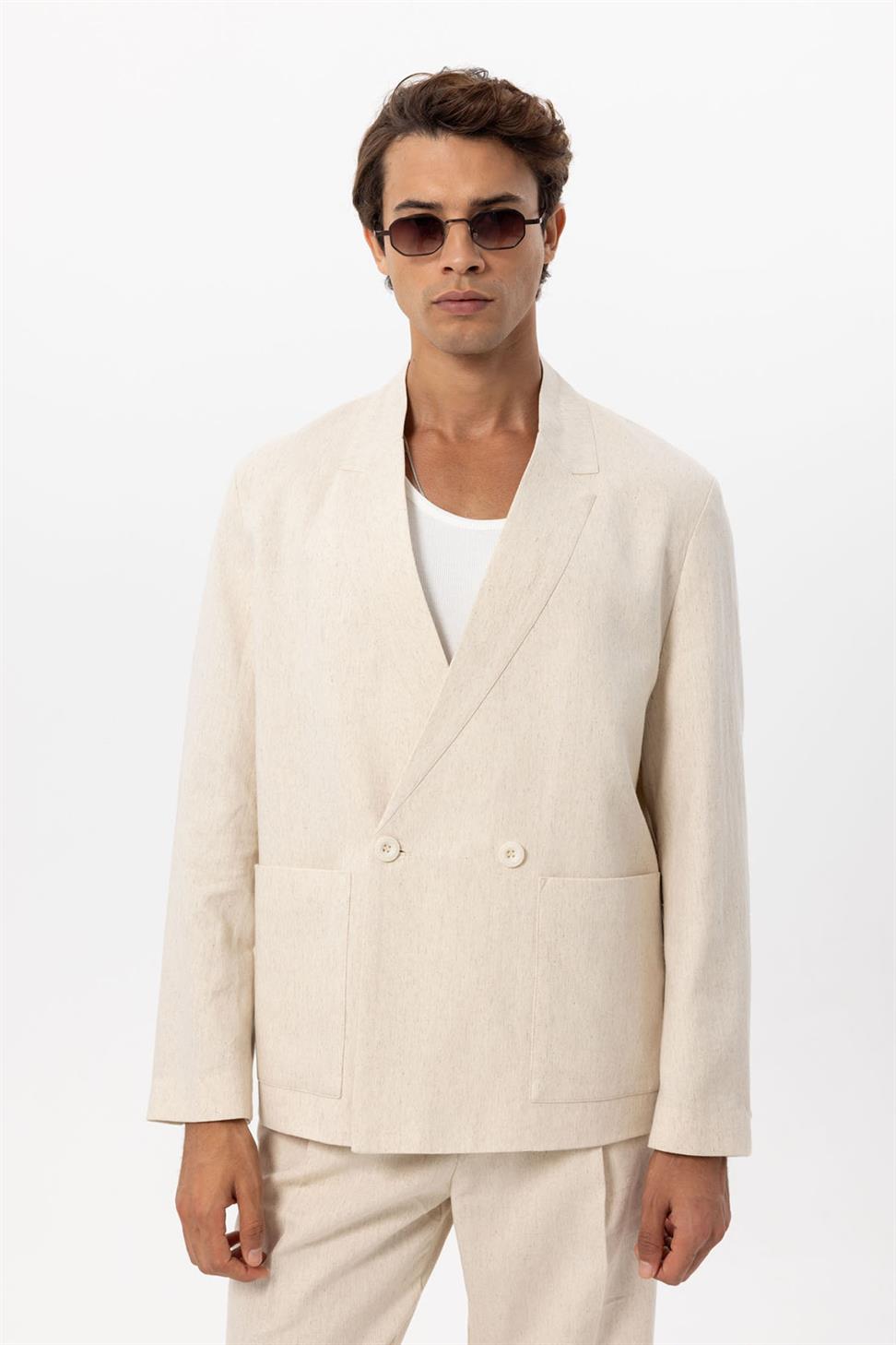 Mens Linen Blend Double-breasted Buttoned Blazer Jacket