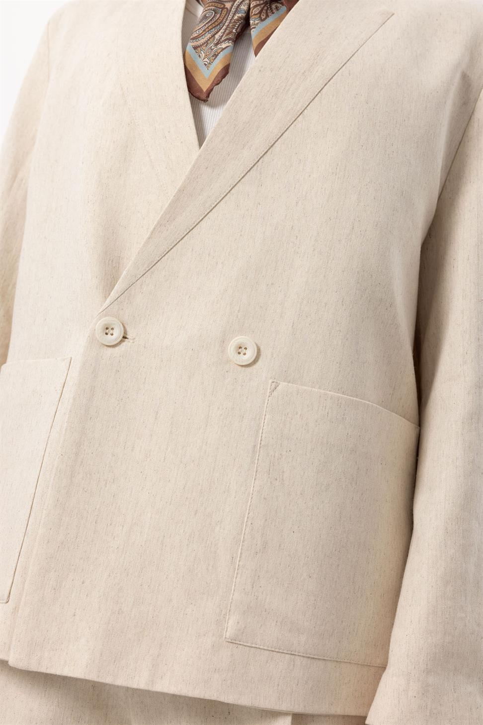 Mens Linen Blend Double-breasted Buttoned Blazer Jacket