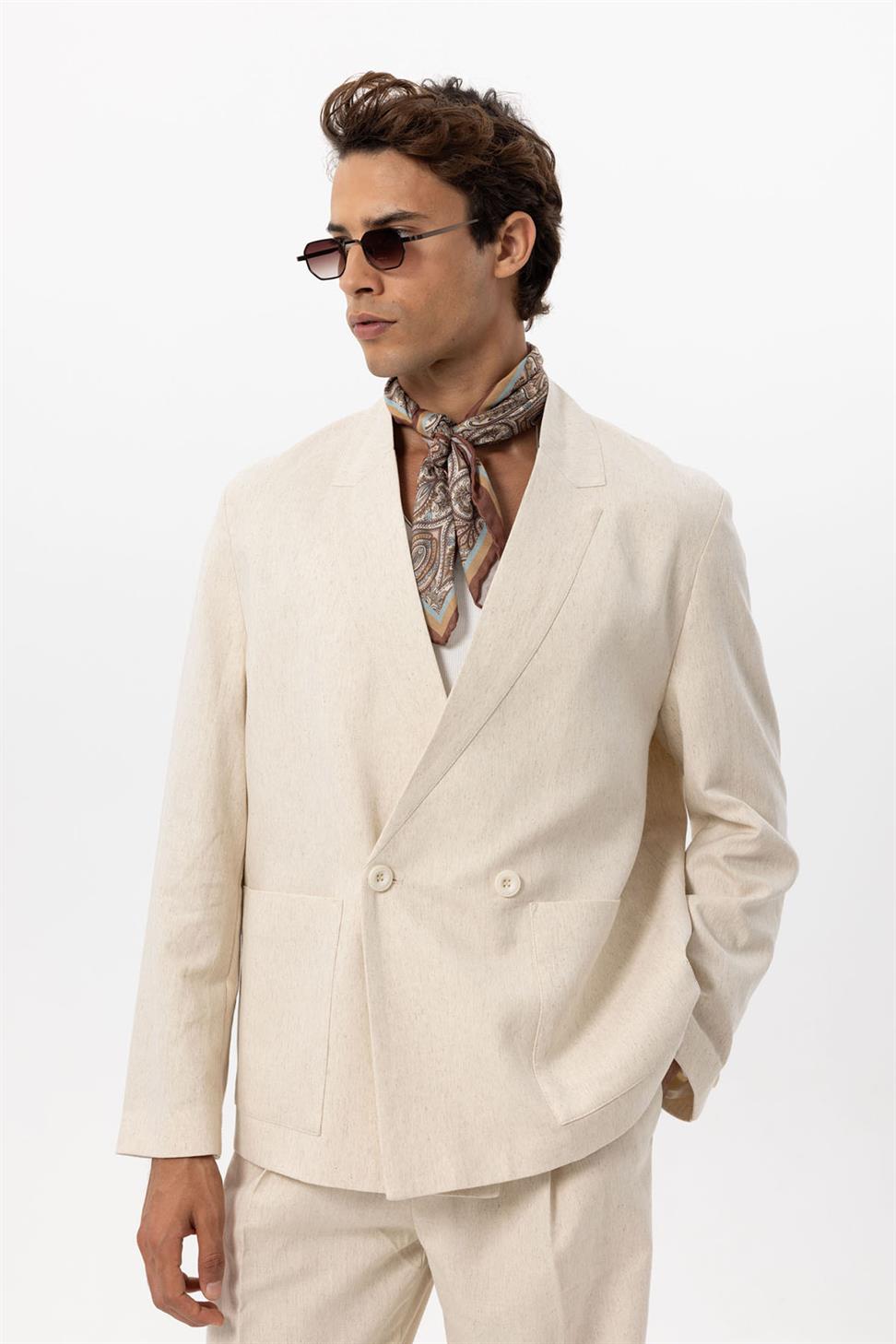 Mens Linen Blend Double-breasted Buttoned Blazer Jacket