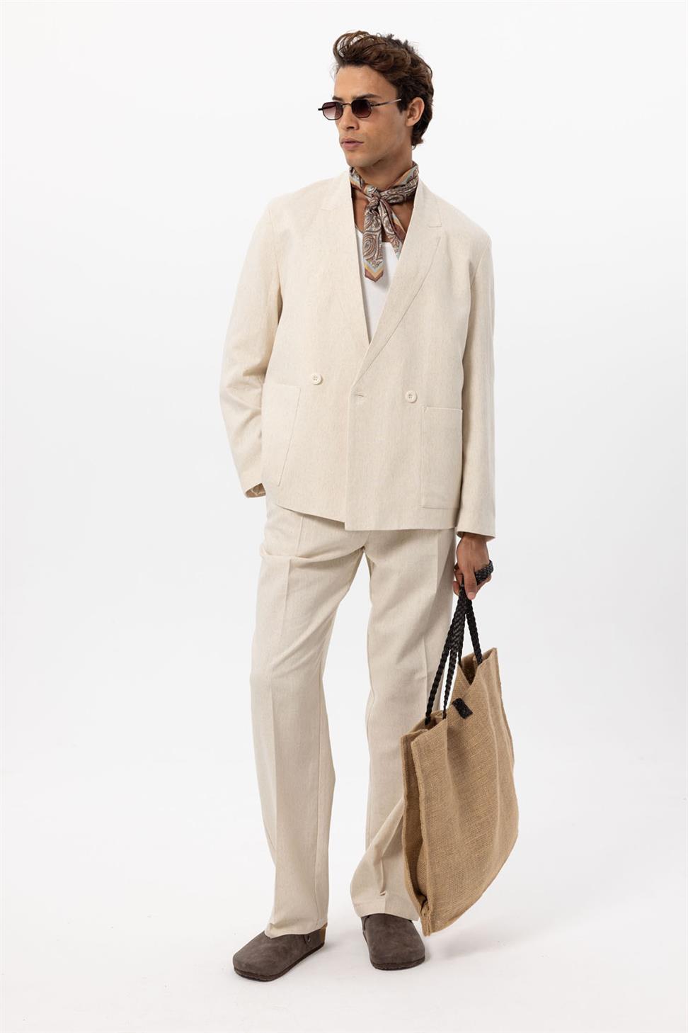 Mens Linen Blend Double-breasted Buttoned Blazer Jacket