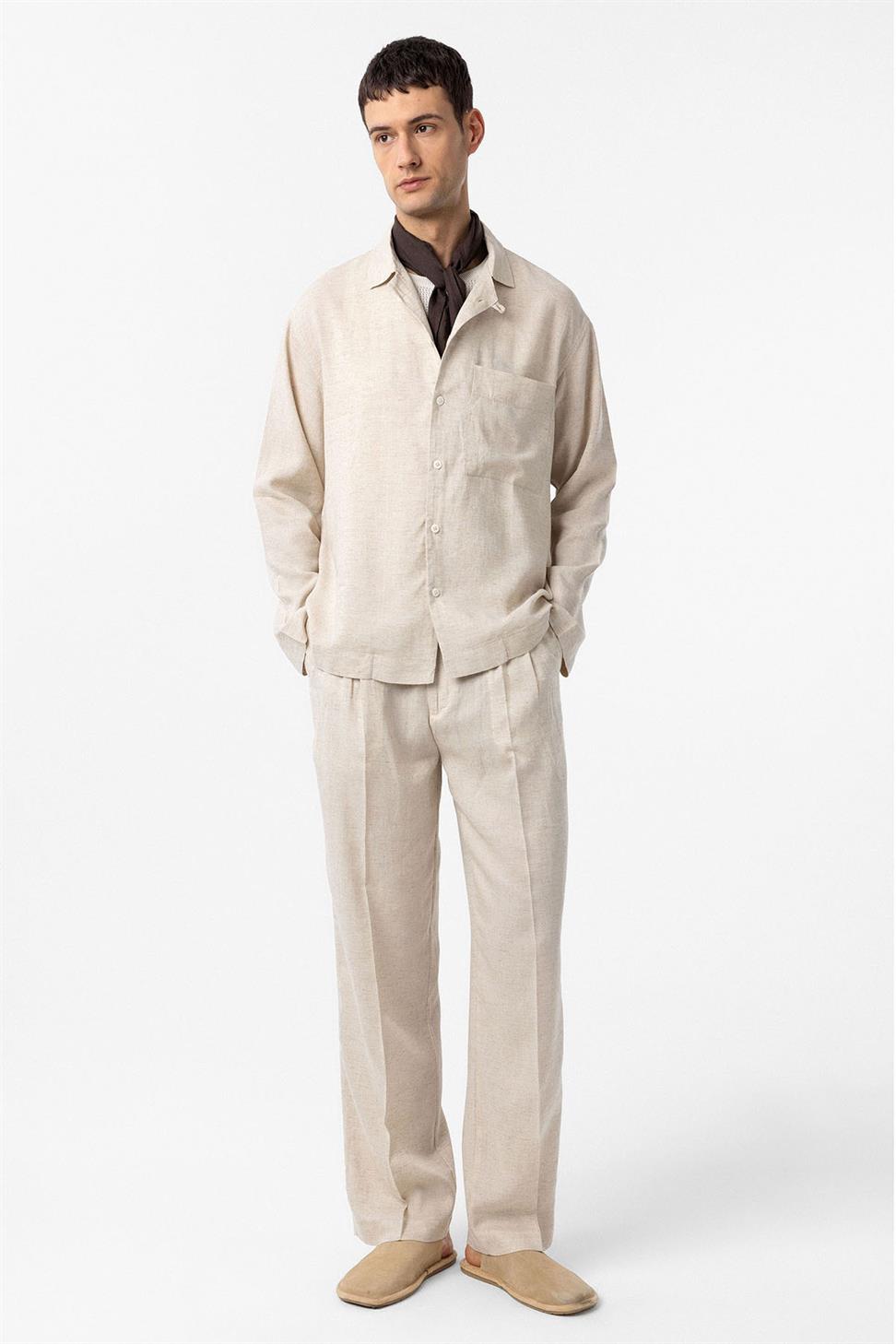 Antioch Ekru Keten Karışımlı Relax Fit Erkek Gömlek