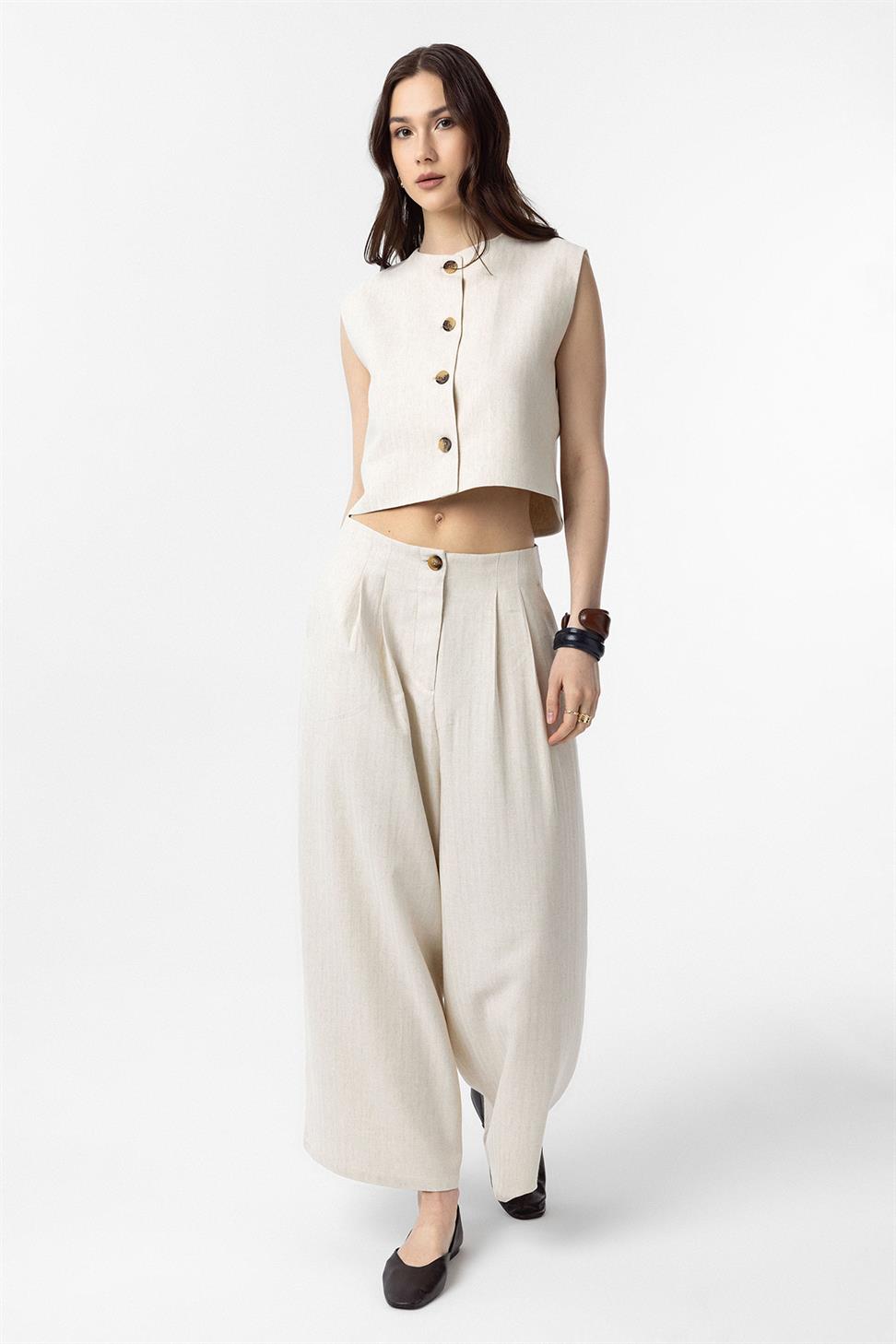 Antioch Ekru Keten Karışımlı Relax Fit Kadın Yelek